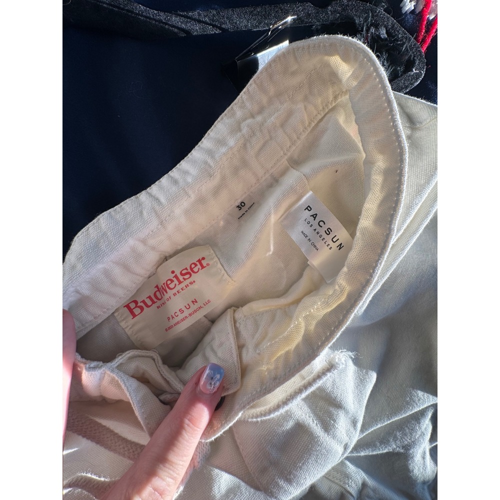 PacSun Budweiser Canvas Shorts Cream Green Logo Drawstring Size 30 - Picture 5 of 8